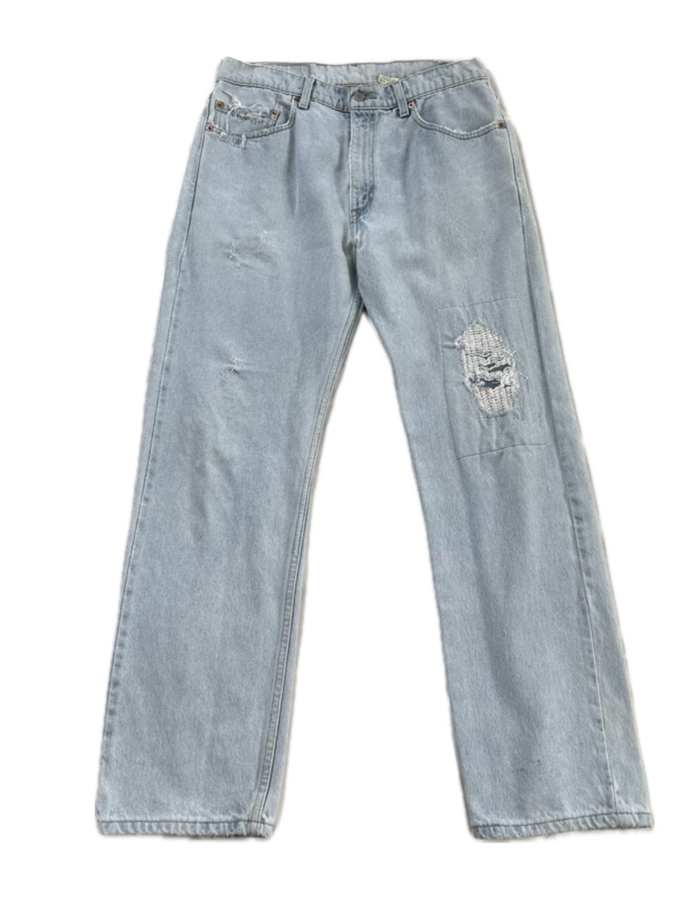 TRUE VINTAGE 90S LEVIS 505 BLUE DENIM JEANS CUSTOM PATCHWORK STITCHING S-34/30